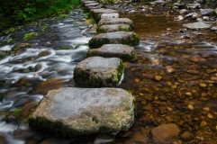 Stepping stones over river and small waterfall.